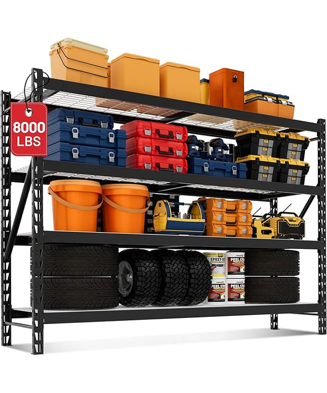WORKPRO 77" Garage Shelving Unit, 8000LBS Heavy Duty Metal Storage Rack, Extra Wide Adjustable 4-Tier Shelves for Warehouse, Basement, and Garage, 77" W X 24" D X 72" H, Black