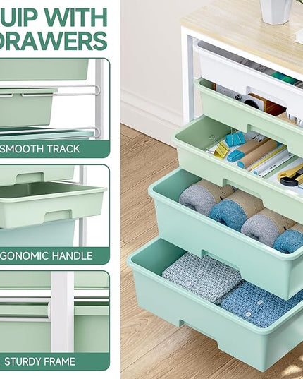 Craft cart,Rolling Cart with Drawers,Storage Cart with 5 Drawers and Wooden Tabletop for Under Desk Organizers and Storage,Green