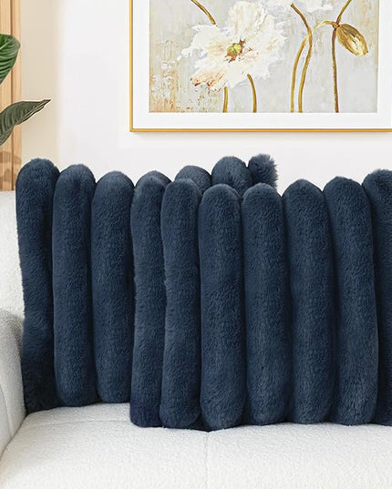 Touchat Pack of 2 Faux Fur Pillow Covers, 18x18 Inch Decorative Throw Pillow Covers with Hidden Zipper, Ultra Soft Couch Cushion Pillows Covers for Sofa/Bedroom Wide Stripe, Navy