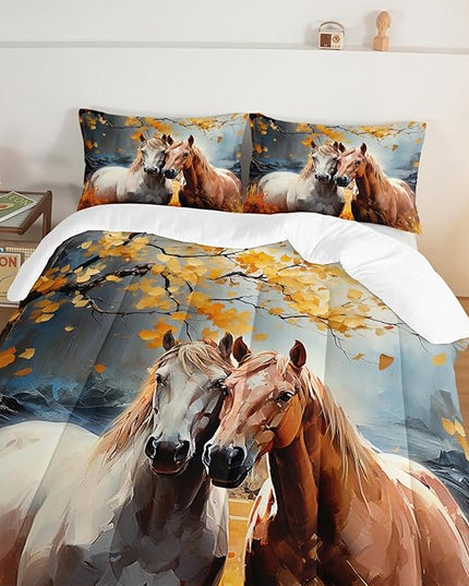 White Brown Horses Comforter Set King Size,Watercolor Painting Autumn Leaves Bedding Set for Kids and Adults Bedroom Horse Decor,Natural Scenery Aesthetics Comforter Set with 2 Pillowcases.