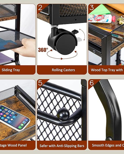 5-Tier Rolling File Cart with Hanging File Folders, Mobile Desk File Organizer on Lockable Wheels, Wood & Mesh Paper Letter Sliding Trays Organization for Office, Home, School, Patent
