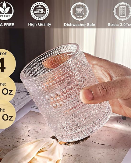 hobnail Drinking Glasses Old Fashion Glass 10oZ rocks glasses Set of 4 glasses Water Juice Cocktail Vintage Glassware Set Gift for Men Women