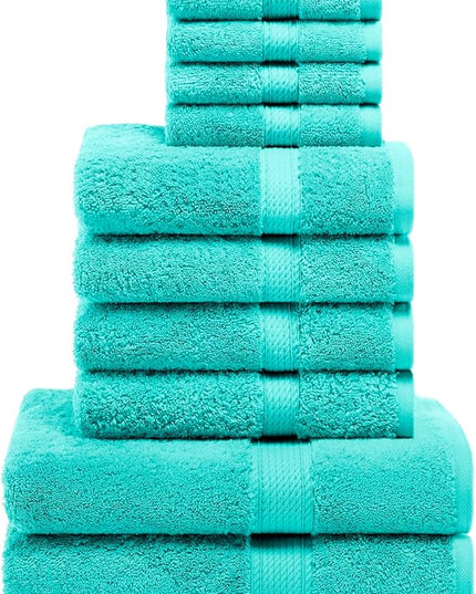 Superior Egyptian Cotton Pile 10 Piece Towel Set, Includes 2 Bath, 4 Hand, 4 Face Towels/Washcloths, Ultra Soft Luxury Towels, Thick Plush Essentials, Guest Bath, Spa, Hotel Bathroom, Turquoise