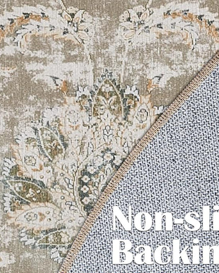 jinchan Round Rug 5ft Area Rugs Vintage Floral Distressed Design - Machine Washable Non-Slip Low-Pile Ultra-Thin Circle Rug for Entryway Bedside Living Room Dining Room Bedroom (5' Round,Taupe)