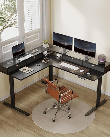 FLEXISPOT 63" L Shaped Standing Desk Electric Corner Table with Monitor Shelf, 4 Storage Drawers, Adjustable Computer Workstation for Home, Office, Game, Studio, Black Top + Black Frame