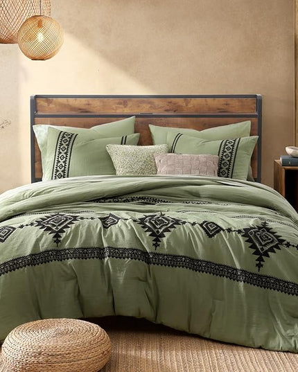 MaiRêve Embroidery King Size Comforter Set Light Olive Green, Farmhouse Western Boho Bedding Set 7 Pieces, All Season Bed in A Bag Comforter Set with Sheets, Pillowcases & Shams