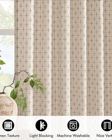 MIULEE Decorative Back Tab Linen Curtains with Geometric Pattern for Living Room Bedroom Farmhouse Rustic Thick Woven Textured Patterned Mudcloth Drapes 84 Inches Long 2 Panels Set, Beige