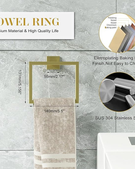 Bathroom Accessory Towel Bar Set: 10 Pieces Gold Square Bathroom Hardware SUS304 Stainless Steel - 24 Inch Wall Mounted Towel Rack&Toilet Paper Holder&Towel Ring and Towel Hook
