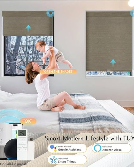 Persilux Smart Motorized Blinds with Remote, No Drill Automatic Roller Shades for Indoor Windows, Blackout Linen Fabric, Electric Blinds for Windows, Weave Caribou C162BO-5, Custom Size