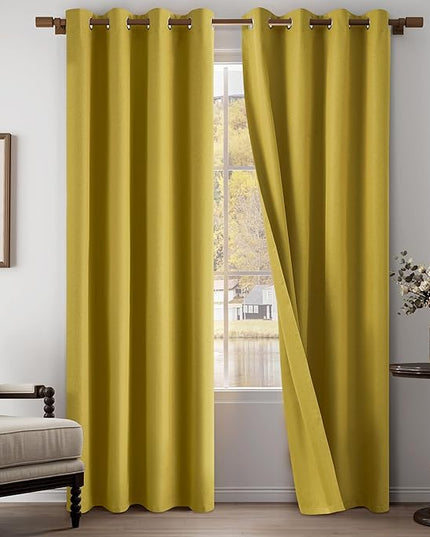 100% Blackout Linen Textured Curtains 95 Inch Length 2 Panels Set for Living Room, Bedroom, Light Weight Curtains with Grommets Top, Full Blackout Curtains Privacy Protection, Gold, 52" W x 95" L