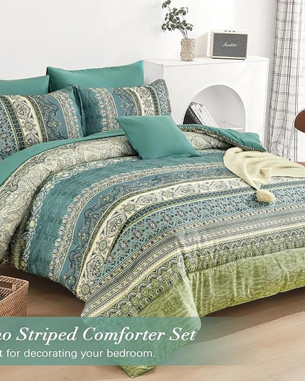Cottolester Boho King Comforter Set 8 Pieces,Green Bohemian Comforter Paisley Striped Bed in A Bag,Soft Microfiber Bedding Set for All Season