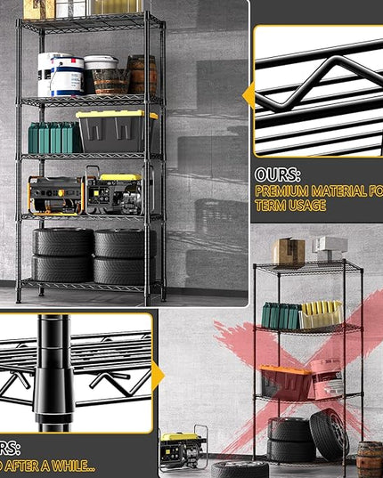1250 lbs 5 Tier Shelf Metal Storage Shelves Shelving Wire Rack Heavy Duty Closet Organizers for Garage Kitchen Bathroom Laundry Black 15.7" D x 33.5" W x 68.5" H