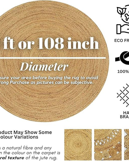 Hand Woven Jute Area Rug - 9' Round - Rustic Beige Reversible Farmhouse Rugs for Living Room, Bedroom, Kitchen - Vintage Natural Braided Entry Floor Décor Circle Boho Round Rugs 9ft