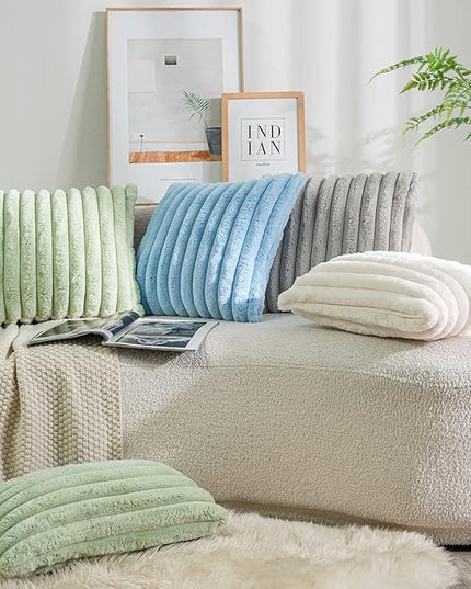 DEELAND Pack of 2,Double-Sided Faux Fur Plush Decorative Throw Pillow Covers Fuzzy Striped Soft Pillowcase Cushion Covers for Sofa Couch Bedroom Green 18x18 inch