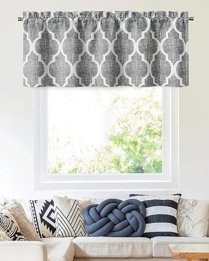 Beauoop Lattice Blackout Window Valance Curtain Panels Thermal Insulated Noise Reduction Drapes for Kitchen Cafe Living Room Quatrefoil Window Treatment Sets Rod Pocket, 50W x 18L, Gray, 1 Panel