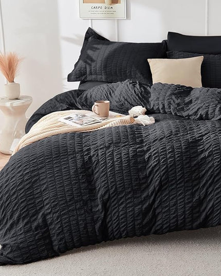 HYMOKEGE Black Oversized Queen Comforter Set Seersucker 7 Pieces, All Season Luxury Bed in a Bag for Bedroom, Bedding Set with Comforter, Sheets, Pillowcases & Shams