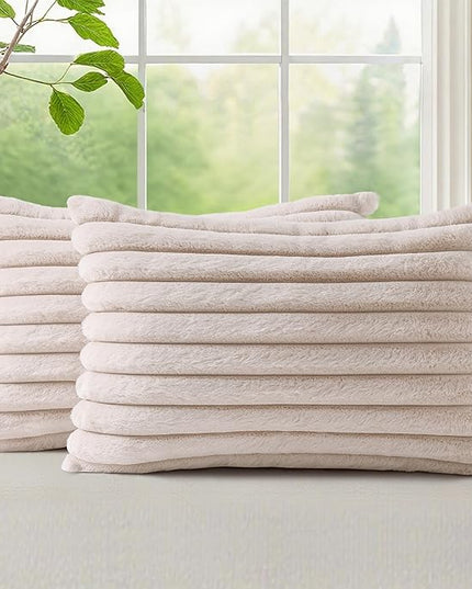 decorUhome Faux Fur Spring Throw Pillow Covers 12x20 Set of 2, Decorative Soft Plush Striped Lumbar Neutral Couch Euro Pillow Covers with Velvet Back for Sofa, Bed, Living Room Home Decor, Beige