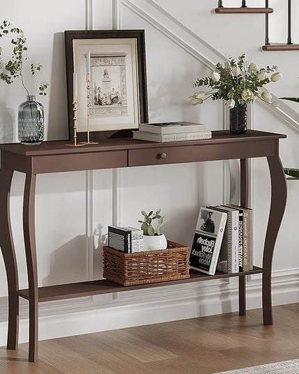 ChooChoo 47 Inch Narrow Console Table with Drawer, Chic Accent Sofa Entryway Table with Shelves for Entryway, Living Room, Hallway, Espresso