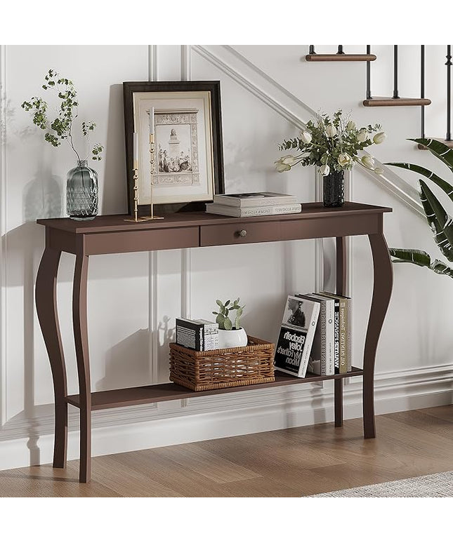 ChooChoo 47 Inch Narrow Console Table with Drawer, Chic Accent Sofa Entryway Table with Shelves for Entryway, Living Room, Hallway, Espresso