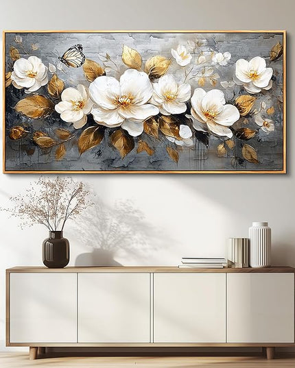 FUHAIHUA Wood Framed Canvas Wall Art For Living Room Large Wall Decor For Office Bedroom Decoration White Flower Pictures Farmhouse Painting Artwork Room Wall Mural Aesthetic Home Decor 30x60