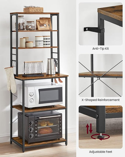 VASAGLE Coffee Bar, 23.6 Inches Baker's Rack for Kitchen with Storage, 6-Tier Kitchen Shelves with 6 Hooks, Microwave Stand, Industrial, Rustic Brown and Ink Black UKKS024B01