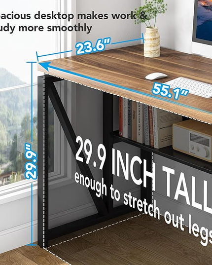 Tribesigns 55 inches Computer Desk with Bottom Storage Shelf Home Office Desk Writing Table for Workstation, Dark Walnut + Steel Leg, Cabinet not Included (Walnut, 55-inch -with Shelf)