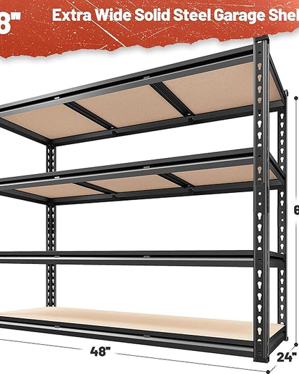 REIBII 48" W Garage Shelving Heavy Duty 2550 LBS Storage Shelves 4 Tier Heavy Duty Shelving, Adjustable Metal Shelves, Industrial Shelf for Garage, Warehouse, Pantry, 48" W x 60" H x 24" D
