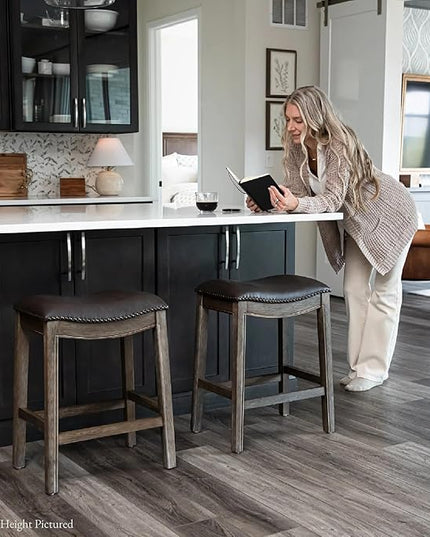 Maven Lane Adrien Backless Bar Stool – Set of 3 – 31 Inch Saddle Seat with Footrest – Brown Solid Wood Frame & Beige Faux Leather Upholstery – Ideal for Bars, Pub Tables & Tall Kitchen Counters