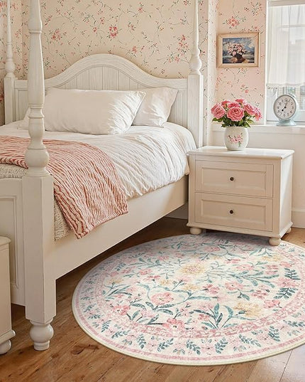 Wonnitar Pink Floral Round Rugs 5ft, Soft Circle Rug Non Slip Washable Round Carpet, Boho Non-Shedding Flower Distressed Circle Carpets for Bedroom Girls Room Nursery