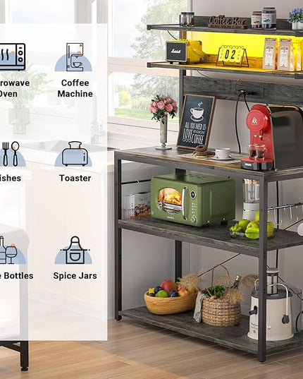 Aheaplus Bakers Rack with Power Outlet, Microwave Stand, 5 Tiers Coffee Bar Station with Led Lights, Kitchen Storage Shelf with 6 S-Shaped Hooks, Kitchen Rack Coffee Bar Stand, Grey Oak