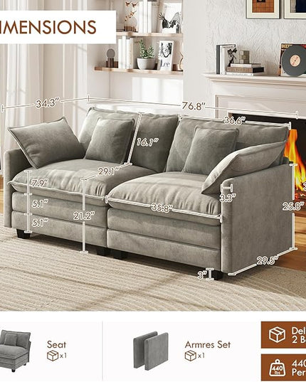 WorthFurni 77 Inch Cloud Sofa Loveseat, Comfy Sectional Couch, 2-Seater Chenille Deep Seat Sofa with Throw Pillows for Living Room Bedroom Apartment （Grey）