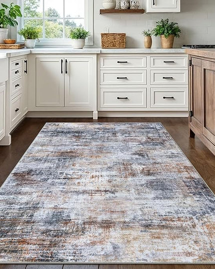 IOHOUZE Abstract Area Rugs 5x7 Ft Washable Rugs for Living Room, Non Slip Dining Room Rug, Printed Faux Wool Rugs for Bedroom, Floor Carpet for Office Nursery Playroom, Orange Grey