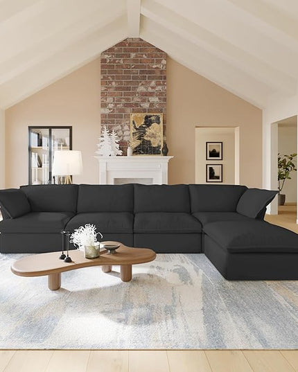 JACH L Shape Sectional Couches, Modular Sectional Sofas, Modern Couch with Chaise Ottoman, Cushion Covers Removable, Cloud Sectional Sofa for Living Room (Black)