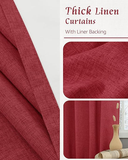 LAMIT 100% Blackout Linen Curtains, 72 Inches Linen Textured Thermal Bedroom Panels Back Tab and Rod Pocket Neutral Christmas Drapes with White Liner for Living Room, 2 Panels, 52 x 72 Inch, Red