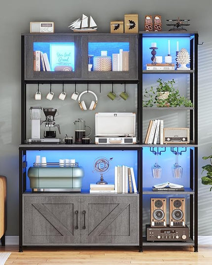 Itaar Bakers Rack with Power Outlet and LED Light, 45.3 Inch Farmhouse Coffee Bar Cabinet, Kitchen Microwave Stand with Storage, Glass Cabinet, Goblet Holder and 8 Hooks (Grey)