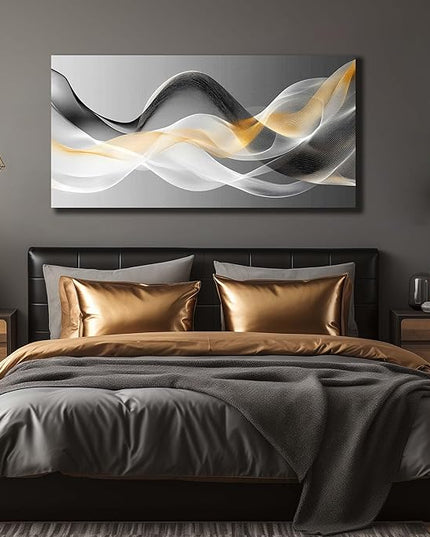JuhaiArt Abstract Wall Art White Wall Decor for Living Room Office Large Black Canvas Art Picture Gold Artwork 29" x 59" Modern Prints