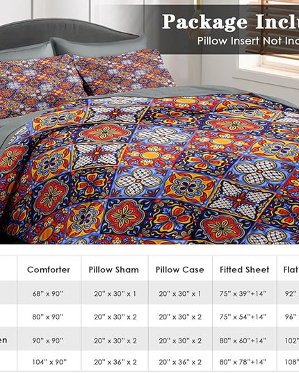 Comforter Set King Size, Mexican Talavera Ceramic 7 Pcs Bedding for Kids and Adults, Italian Spanish Bed Sheet Sets with Fitted Sheet 2 Pillowcases & 2 Shams for Bedroom Bed Decor