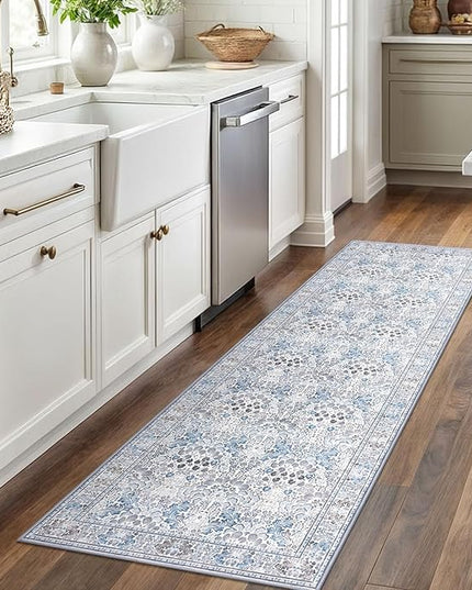 2x6 Washable Runner Rug for Hallways, Grey Blue Soft Floor Modern Kitchen Rugs with Non-Slip, Non-Shedding Boho Rug for Bedroom Kitchen Porch Laundry Entryway