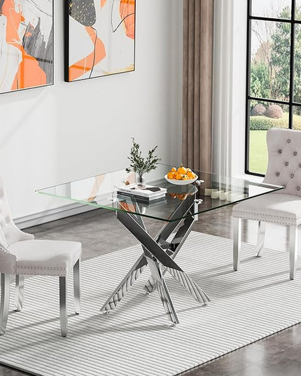 Glass Dining Table Set for 2, Square 36" Dining Table with Silver Cross Metal Leg, 2 Beige Velvet Dining Chairs with Stainless Steel Legs, Modern Glass Kitchen Table and Chairs Set for Small Space