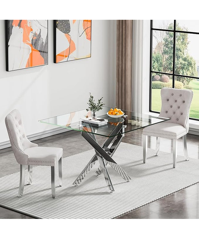 Glass Dining Table Set for 2, Square 36" Dining Table with Silver Cross Metal Leg, 2 Beige Velvet Dining Chairs with Stainless Steel Legs, Modern Glass Kitchen Table and Chairs Set for Small Space