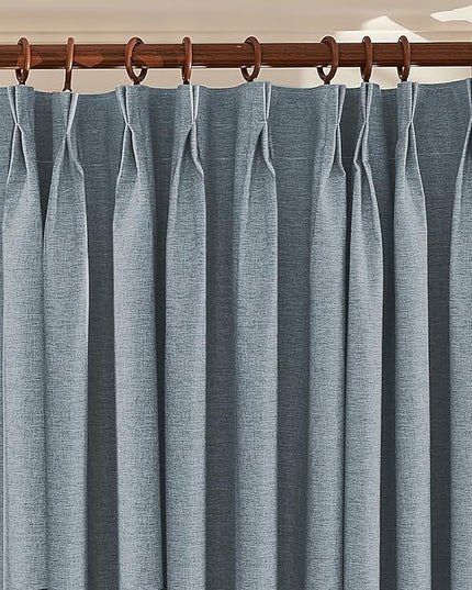 Textured Linen Double Pleated 100% Blackout Curtains for Bedroom/Living Room Blackout Curtains 96 Inches Long, Energy Saving Window Treatment Curtains,42Wx96Lx2,Grey Blue
