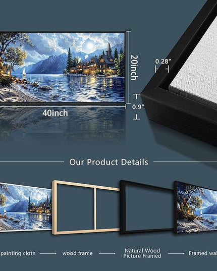 XIGUANGART Blue Coastal Wall Art Ocean Picture Mountain Wall Decor Lake Beside Countryside Large Canvas Print Art for Living Room Bedroom Home Office Forest Scenery Painting Decoration Framed Artwork