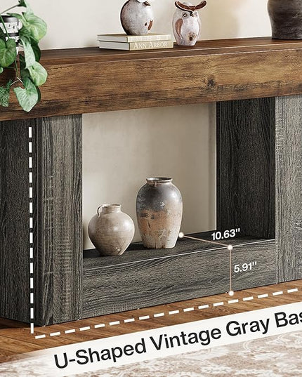 Tribesigns 63" Console Table, Farmhouse 2-Tier Entryway Table with U-Shaped Base, Narrow Long Wood Sofa Table Behind Couch Table for Living Room, Hallway, Foyer, Vintage Brown & Gray