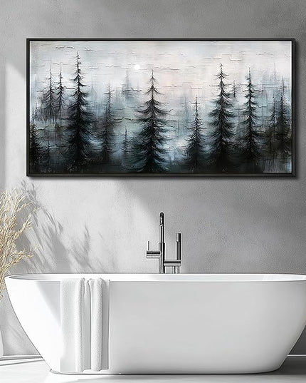 XIGUANGART Black Framed Canvas Wall Art Misty Forest Landscape Pictures Nature Farmhouse Abstract Watercolour Painting Wall Decor Living Room, Bedroom Bathroom Home Office Mural Decorations Artwork