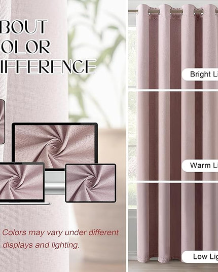 100% Blackout Pink Linen Textured Short Curtains 64 Inch Length 2 Panels Set for Kitchen Bedroom, Thermal Insulated Grommet Linen Drapes for Nursery, Pink, W37 x L64, 2 Panels