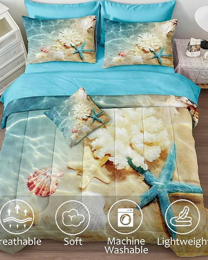 Bedbay Coastal Bedding Full Size Comforter Set with Sheets Beach Comforter Bed Set 8 Pcs Ocean Duvet Set Soft Lightweight Down Alternative Comforter Beach Room Decor for Boys Girls (Ocean,Full)