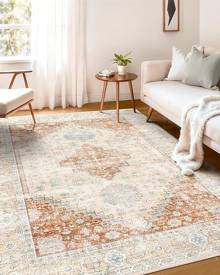 MUJOO 5x7 Area Rugs Washable,Boho Rug for Living Room Bedroom Dining Room Office,Large Throw Carpet,Non Slip Big Soft Indoor Low Pile Terracotta