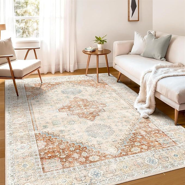 MUJOO 5x7 Area Rugs Washable,Boho Rug for Living Room Bedroom Dining Room Office,Large Throw Carpet,Non Slip Big Soft Indoor Low Pile Terracotta