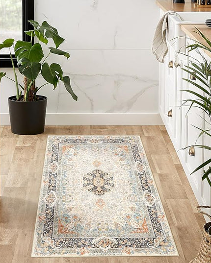Small Rugs 2x3,Vintage Rug for Entryway Bathroom Bedroom Kitchen Entrance Doormat,Boho Bohemian Distressed Washable Accent Floor Throw Carpet Non Slip,Retro Blue Grey Floral