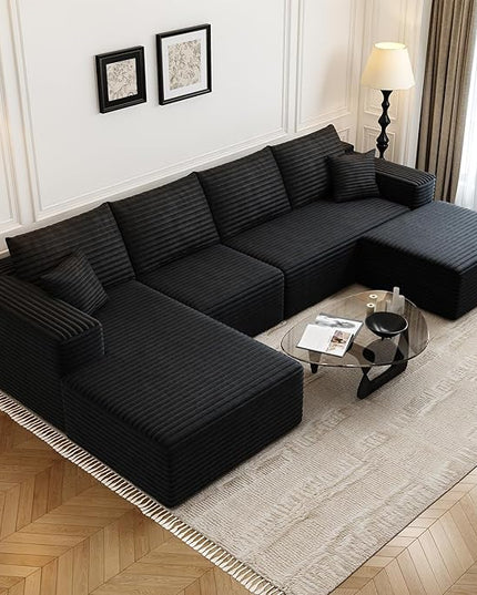 135.4" Cloud Modular Sectional Couch with 1 Ottoman,Modern Minimalist Upholstered Couches, Comfort U Shaped Sofa for Living Room,Deep Seat Corner Couch，No Assembly Required (Black,Left Facing Chaise)